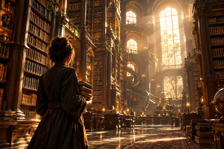Warme, filmreife Ansicht einer riesigen alten Bibliothek mit hoch aufragenden Bücherregalen und einfallenden Sonnenstrahlen.