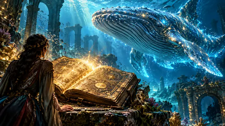 Vorschaubild eines Fantasy-Videos mit einem alten Buch neben einem leuchtenden Unterwasserwesen.