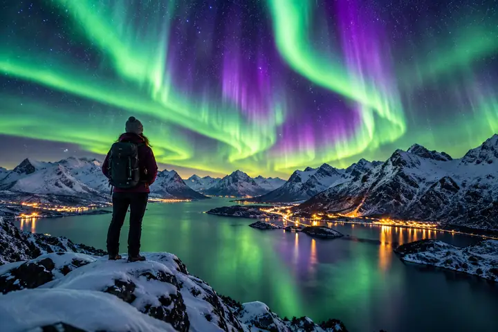 Leuchtend grüne und violette Nordlichter ziehen über schneebedeckte Berge unter einem Sternenhimmel.