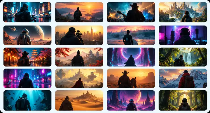 Ein Mosaik aus lebendigen filmischen Figuren, Landschaften und fantasievollen Szenen für visuelles Storytelling.