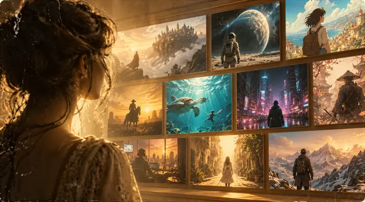 Eine übersichtlich angeordnete Galerie filmischer, animierter und künstlerischer Videoszenen in vielen visuellen Stilen.