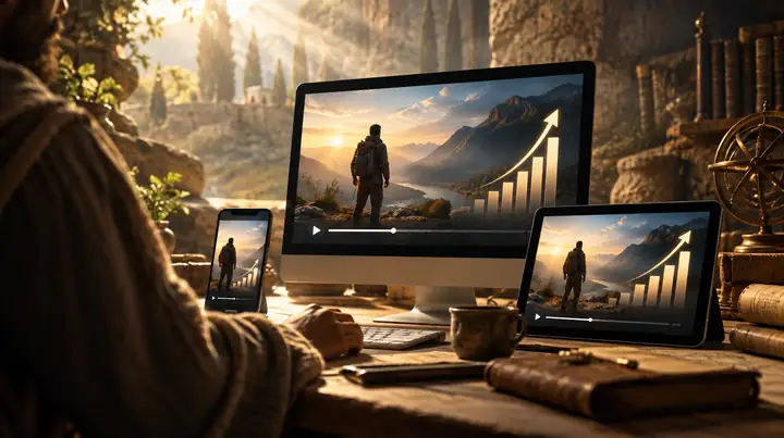Displays von Smartphone, Tablet und Desktop-Computer, die ein Video neben einem Indikator für das Publikumswachstum zeigen.