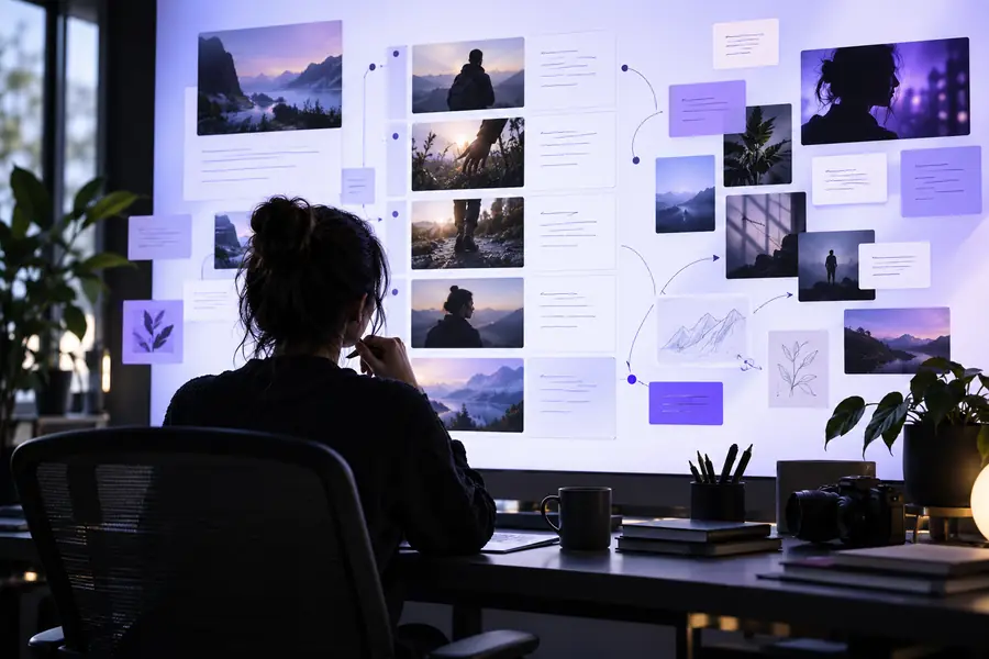 A content planning interface with a developing video script